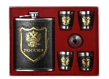 Металлическая посуда - Подарочный набор «Россия» Фляжка, 4 рюмки, воронка