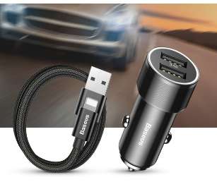 Автомобильные зарядки Baseus - Baseus Small Screw 3.4A Dual-USB Car Charging with Lightning cable Set Black