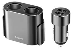Автомобильные зарядки Baseus - Baseus High Efficiency One to Two Cigarette Lighter (dual-cigarette lighter 80W + dual USB 3.1A)Black