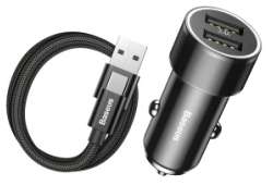 Автомобильные зарядки Baseus - Baseus Small Screw 3.4A Dual-USB Type-C Car Charging Set Black