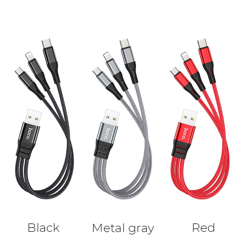 Зарядные устройства и кабели - Кабель USB HOCO X47 Harbor 3 в 1 Type-C + Lightning + MicroUSB, 2.4А, 25 см, серый/черный