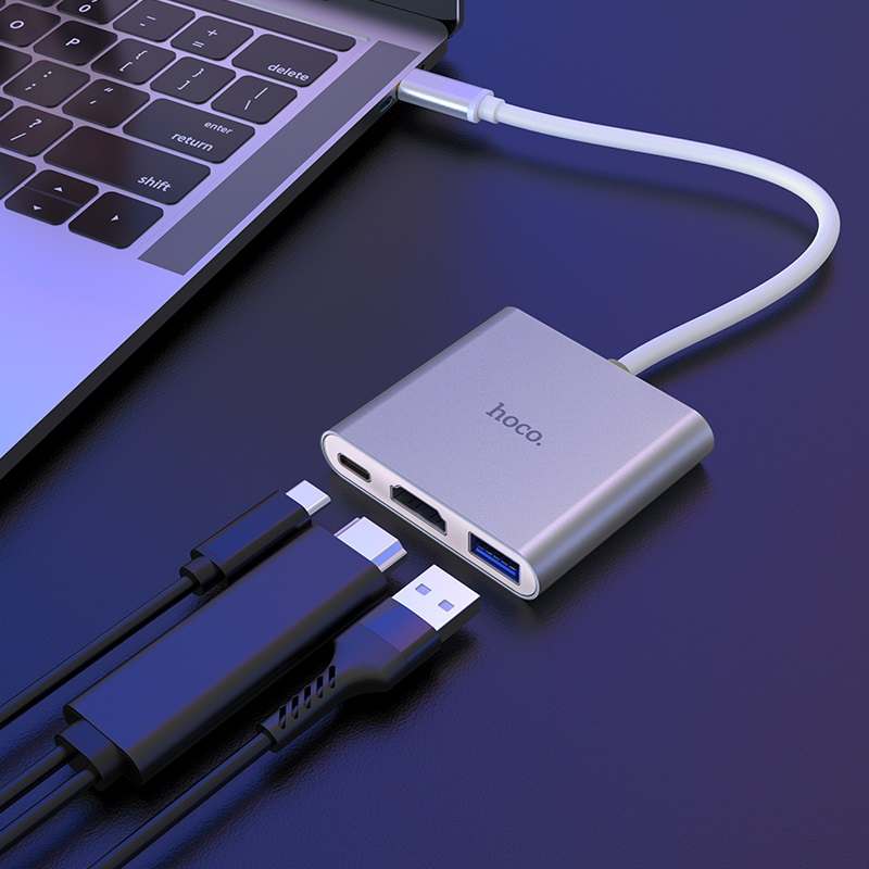 Зарядные устройства и кабели - Переходник/Адаптер HOCO HB14 Easy 3 в 1 Type-C - USB3.0  + Type-C + HDMI