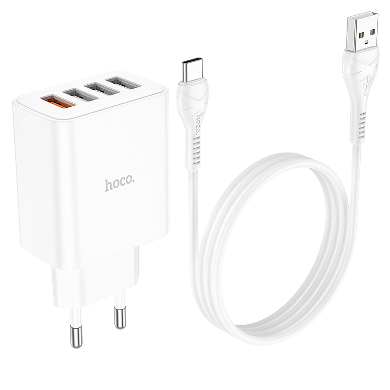Зарядные устройства и кабели - Зарядное устройство HOCO C102A Fuerza 4xUSB с Кабелем USB - Type-C, 2.1A, 28,5W