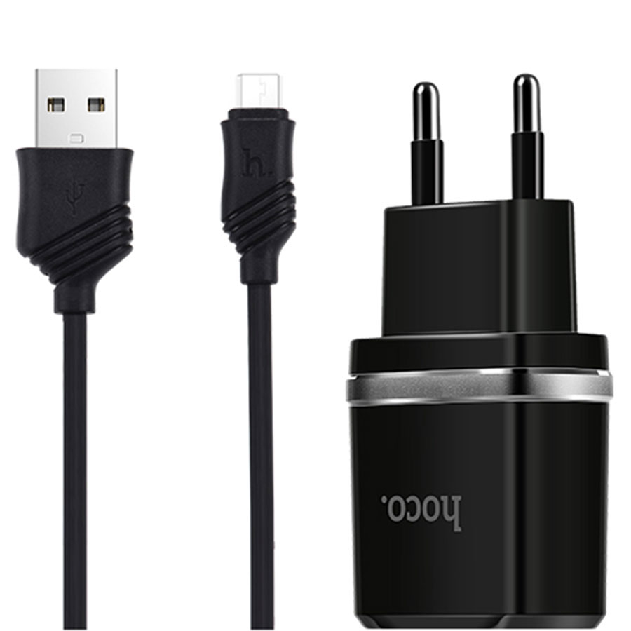 Зарядные устройства и кабели - Зарядное устройство HOCO C12 Smart 2xUSB с Кабелем USB - Micro, 2.4A, белый/черный