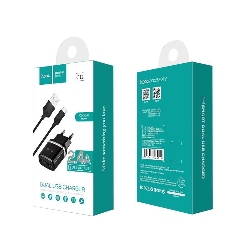 Зарядные устройства и кабели - Зарядное устройство HOCO C12 Smart 2xUSB с Кабелем USB - Micro, 2.4A, белый/черный