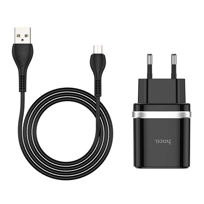 Зарядные устройства и кабели - Зарядное устройство HOCO C12Q Smart 1xUSB с Кабелем USB - Micro, 3A, 18W, белый/черный