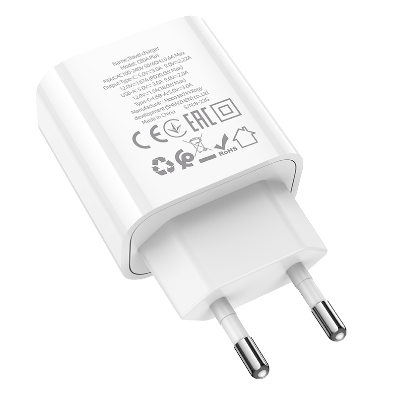 Зарядные устройства и кабели - Зарядное устройство HOCO C80A Plus 1xUSB + 1xUSB-C, 3.0A, 20W