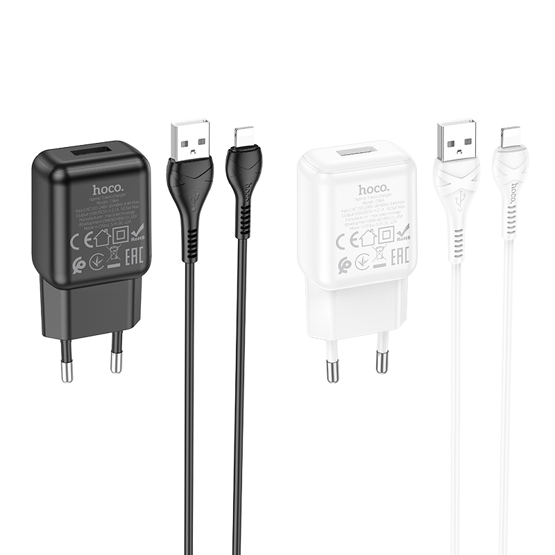 Зарядные устройства и кабели - Зарядное устройство HOCO C96A 1xUSB с Кабелем USB - Lightning, 2.1A, 10W, черный/белый