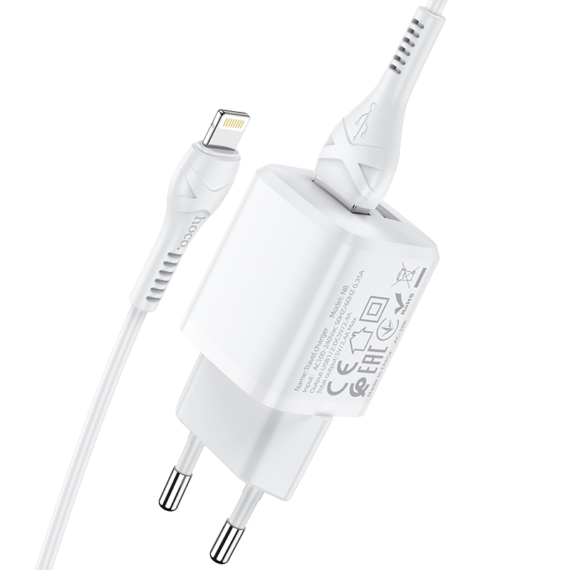 Зарядные устройства и кабели - Зарядное устройство HOCO N8 Briar 2xUSB с Кабелем USB - Lightning, 2.4A, 10.8W