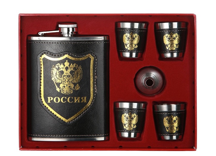 Металлическая посуда - Подарочный набор «Россия» Фляжка, 4 рюмки, воронка