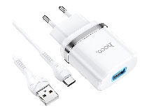Зарядные устройства и кабели - Зарядное устройство HOCO N1 Ardent 1xUSB с Кабелем USB - Type-C, 2.4A, 10.8W, белый/черный