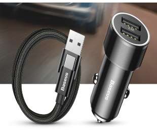 Автомобильные зарядки Baseus - Baseus Small Screw 3.4A Dual-USB Car Charging with Type-C cable Set Black