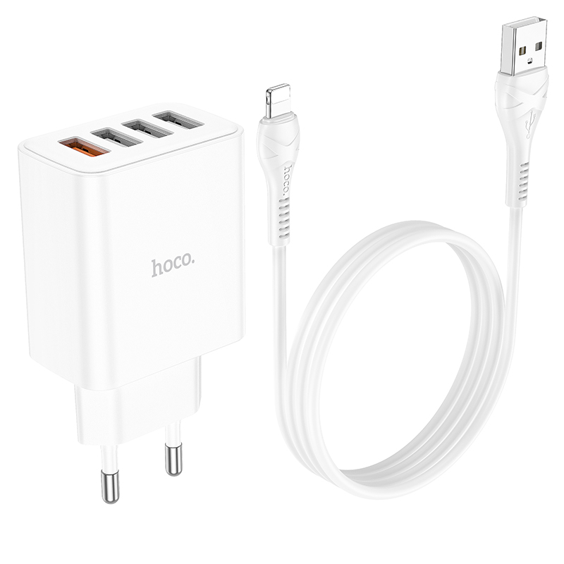 Зарядные устройства и кабели - Зарядное устройство HOCO C102A Fuerza 4xUSB с Кабелем USB - Lightning, 2.1A, 10.5W