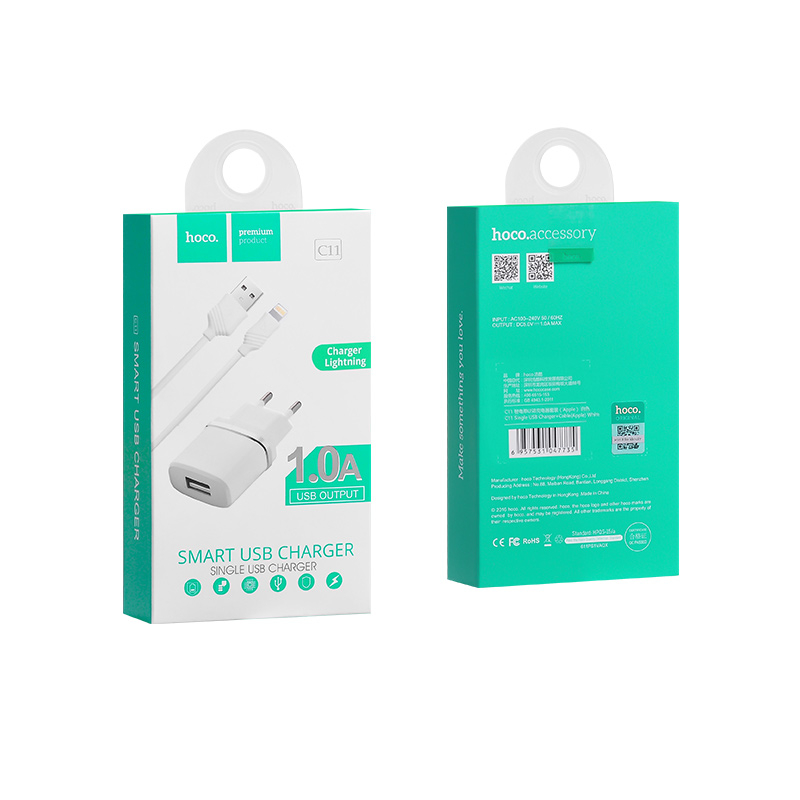 Зарядные устройства и кабели - Зарядное устройство HOCO C11 Smart 1xUSB с Кабелем USB - Lightning, 1A, 5W