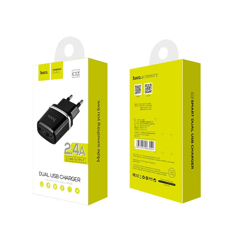 Зарядные устройства и кабели - Зарядное устройство HOCO C12 Smart 2xUSB, 2.4A, белый/черный