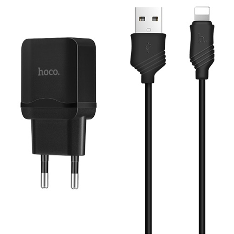 Зарядные устройства и кабели - Зарядное устройство HOCO C22A Little 1xUSB с Кабелем USB - Lightning, 2.4A, 10.8W, белый/черный