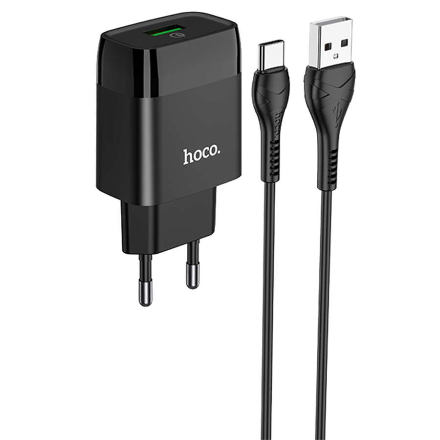 Зарядные устройства и кабели - Зарядное устройство HOCO C72Q Glorious 1xUSB с Кабелем USB - Type-C, 3.0A, 18W черный/белый