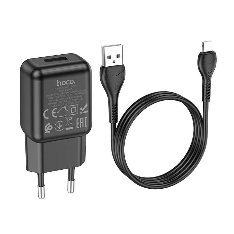 Зарядные устройства и кабели - Зарядное устройство HOCO C96A 1xUSB с Кабелем USB - Lightning, 2.1A, 10W, черный/белый