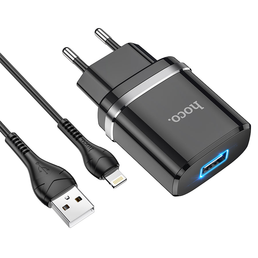 Зарядные устройства и кабели - Зарядное устройство HOCO N1 Ardent 1xUSB с Кабелем USB - Lightning, 2.4A, 10.8W белый/черный