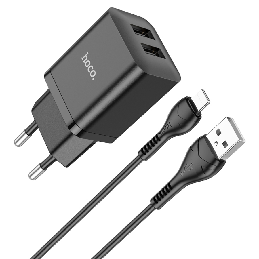 Зарядные устройства и кабели - З/уHOCO N25 Maker 2xUSB с Кабелем USB - Lightning, 2.1A, 10W, белый/черный