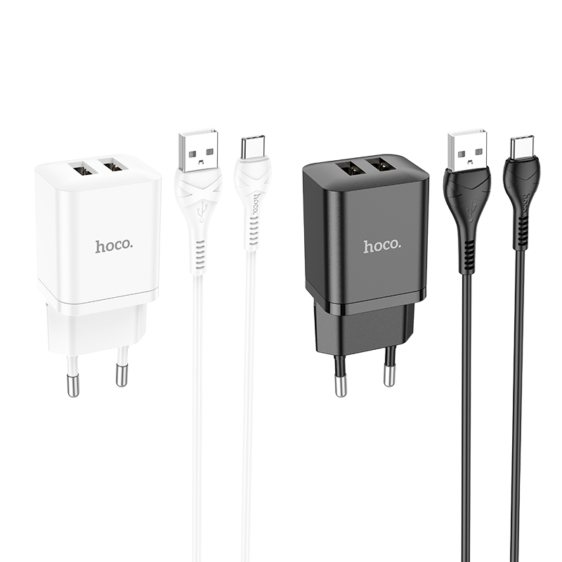 Зарядные устройства и кабели - З/у HOCO N25 Maker 2xUSB с Кабелем USB - Type-C, 2.1A, 10W, белый/черный