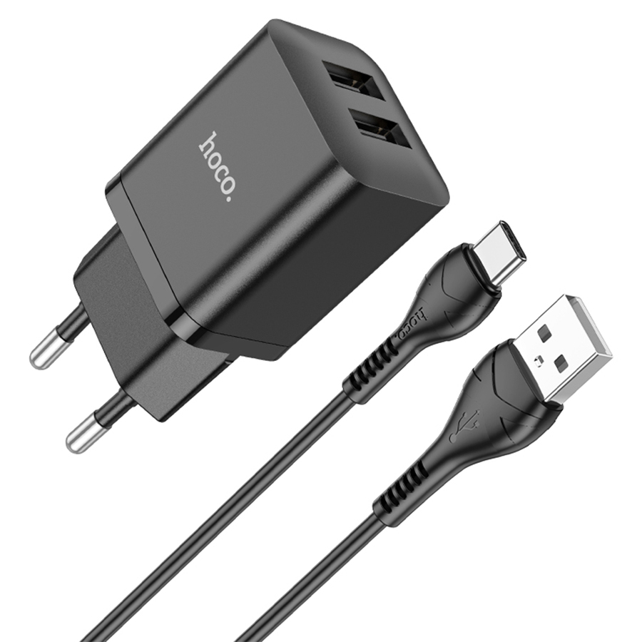 Зарядные устройства и кабели - З/у HOCO N25 Maker 2xUSB с Кабелем USB - Type-C, 2.1A, 10W, белый/черный
