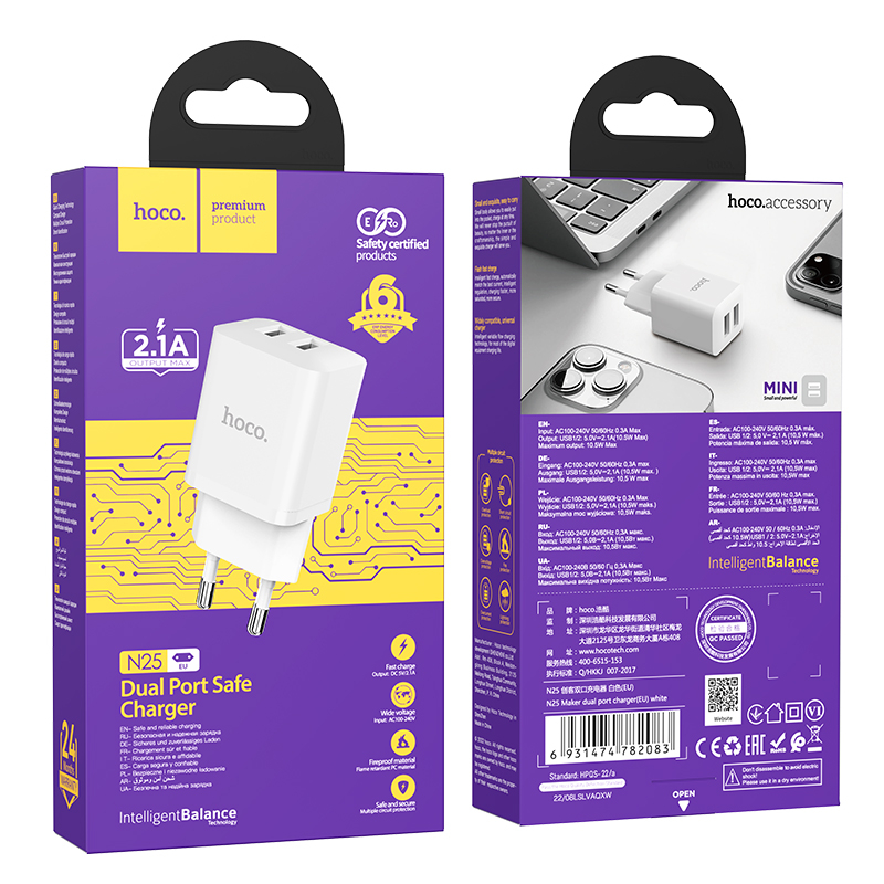 Зарядные устройства и кабели - Зарядное устройство HOCO N25 Maker 2xUSB, 2.1A, 10W, белый/черный